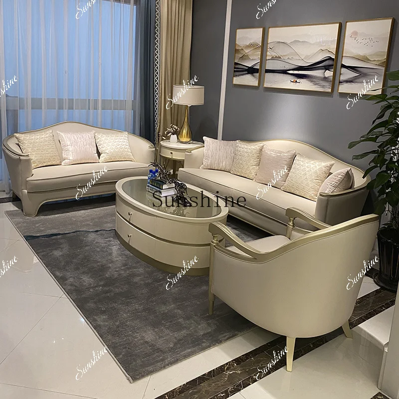 American light luxury solid wood curved small apartment living room modern simple three-person leather art sofa  FT