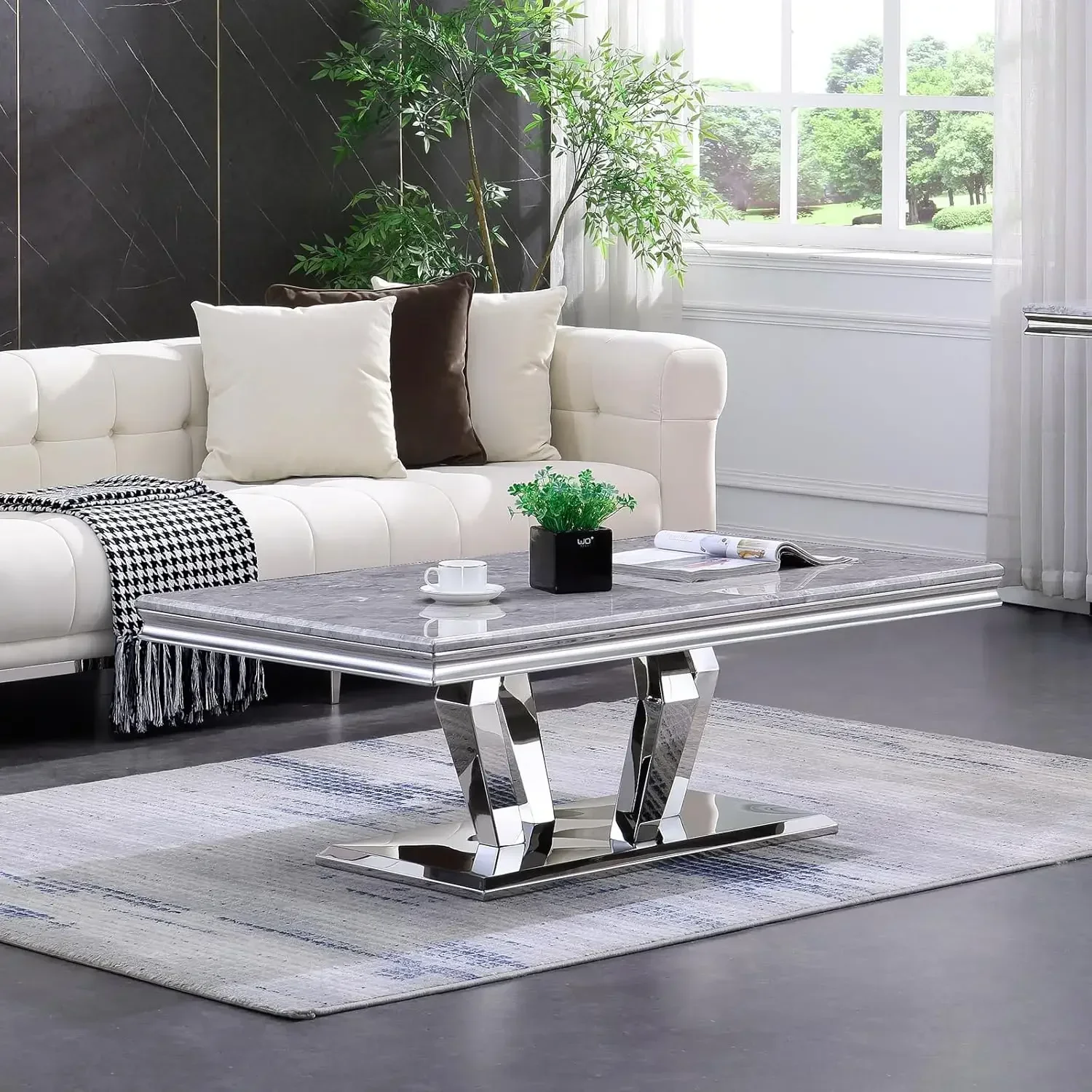 

Серебряный журнальный столик для гостиной 48-дюймовый серебристо-серый прямоугольный журнальный столик с 4 зеркальными геометрическими подставками, роскошный прямоугольник