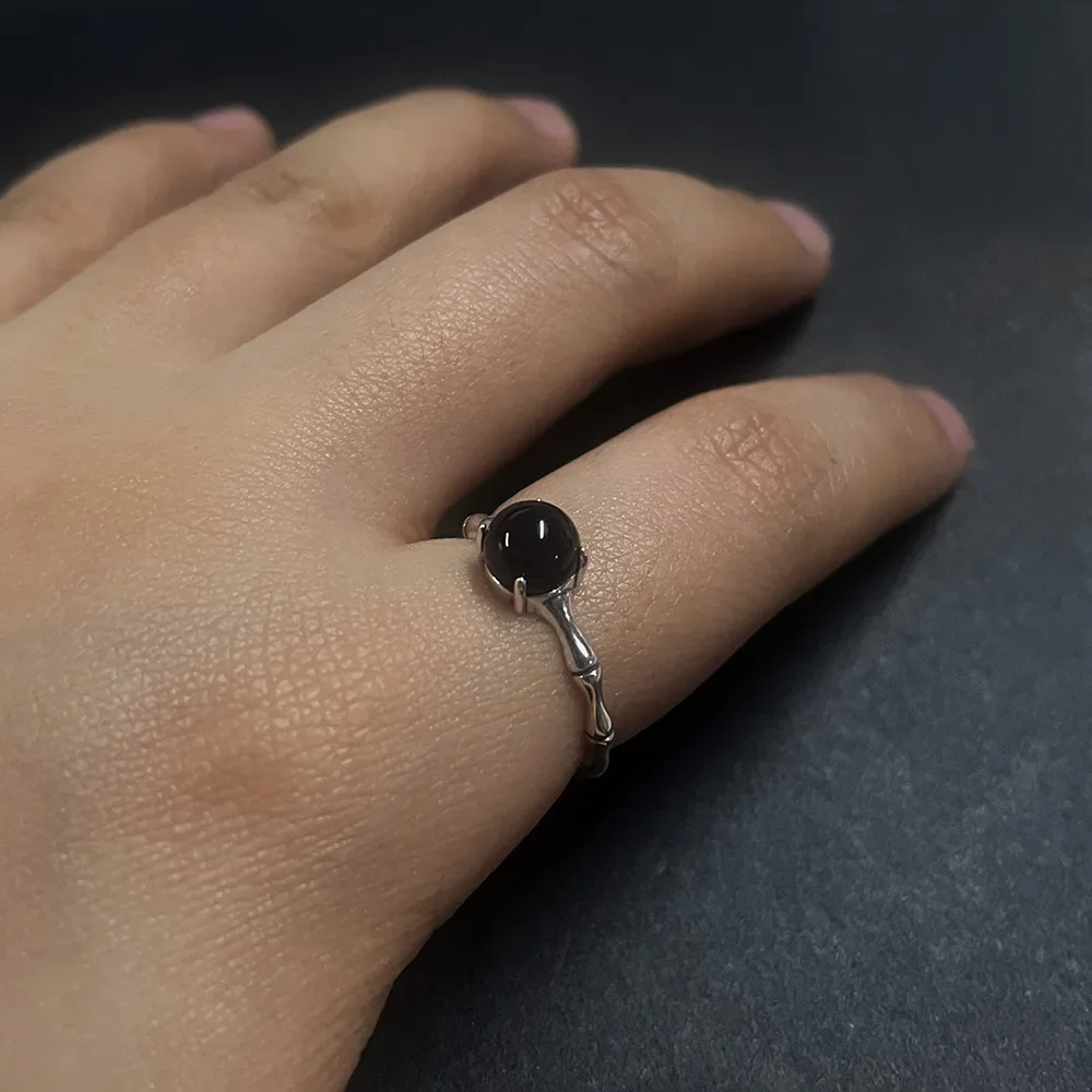 Bague en argent regardé 925 pour femme, bague en bambou, onyx naturel rond, pierre noire, taille réglable, type ouvert, bijoux fins, antique