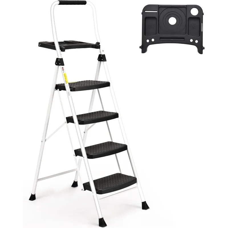 

4 Step Ladder, Folding Step Stool with Tool Platform, Sturdy& Portable Steel Ladder for Adults, 330LBS Capacity Ladd