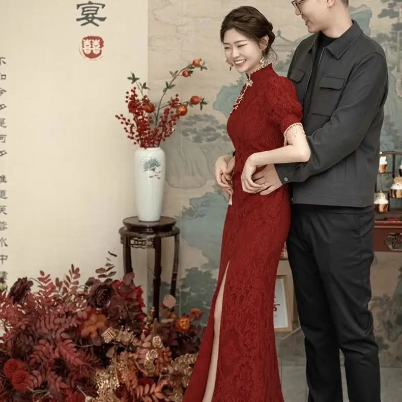 Yourqipao Cina ditingkatkan Cheongsam pernikahan gaun roti merah anggur wanita pertunangan gaun malam Fishtail Hanfu rok Gaun