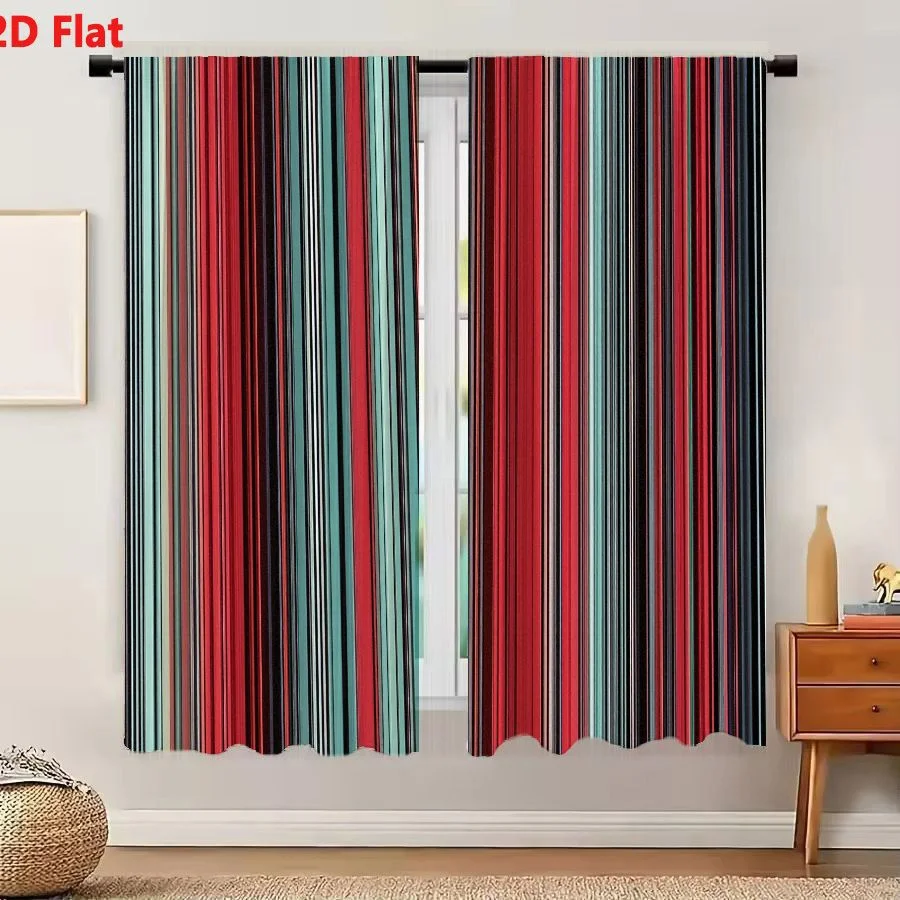 2Pcs Curtains 2D Flat Vertical Striped Pattern Red Black Gray Teal Abstract Textile Print Window Drapes for Bedroom Room Decor D