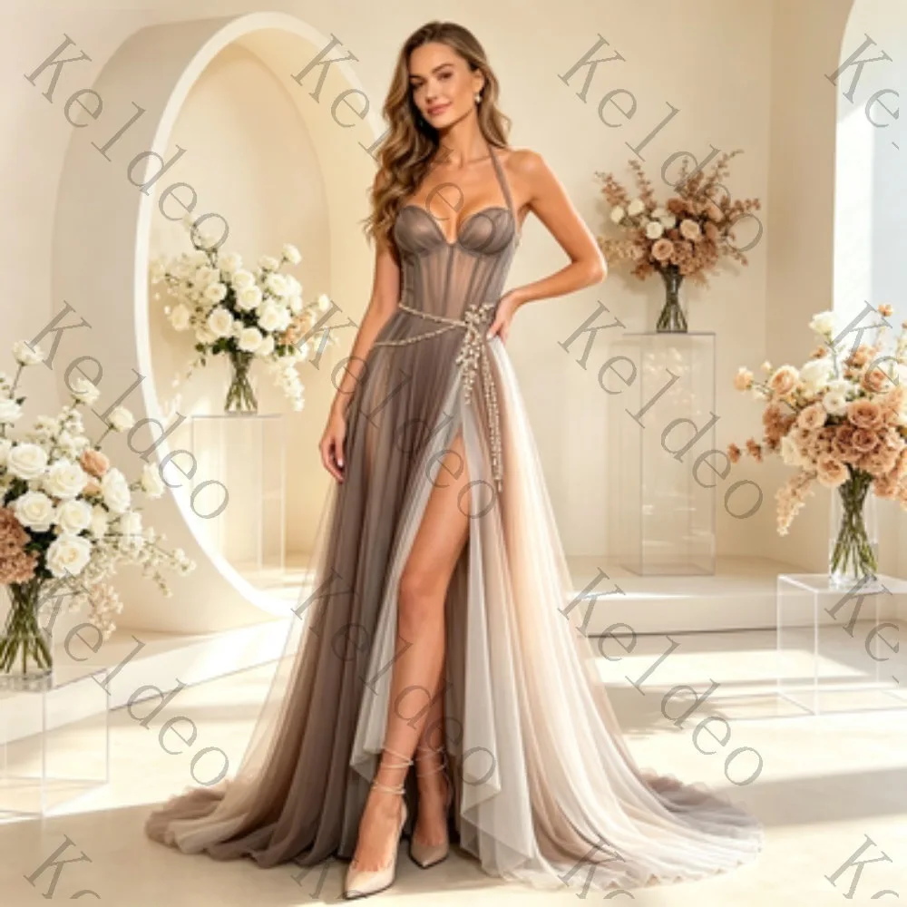 Customized Halter Deep V Mermaid Evening Gown Gradient Pleated Tulle Corset Dress Rhinestone Chain Embellishment High Formal