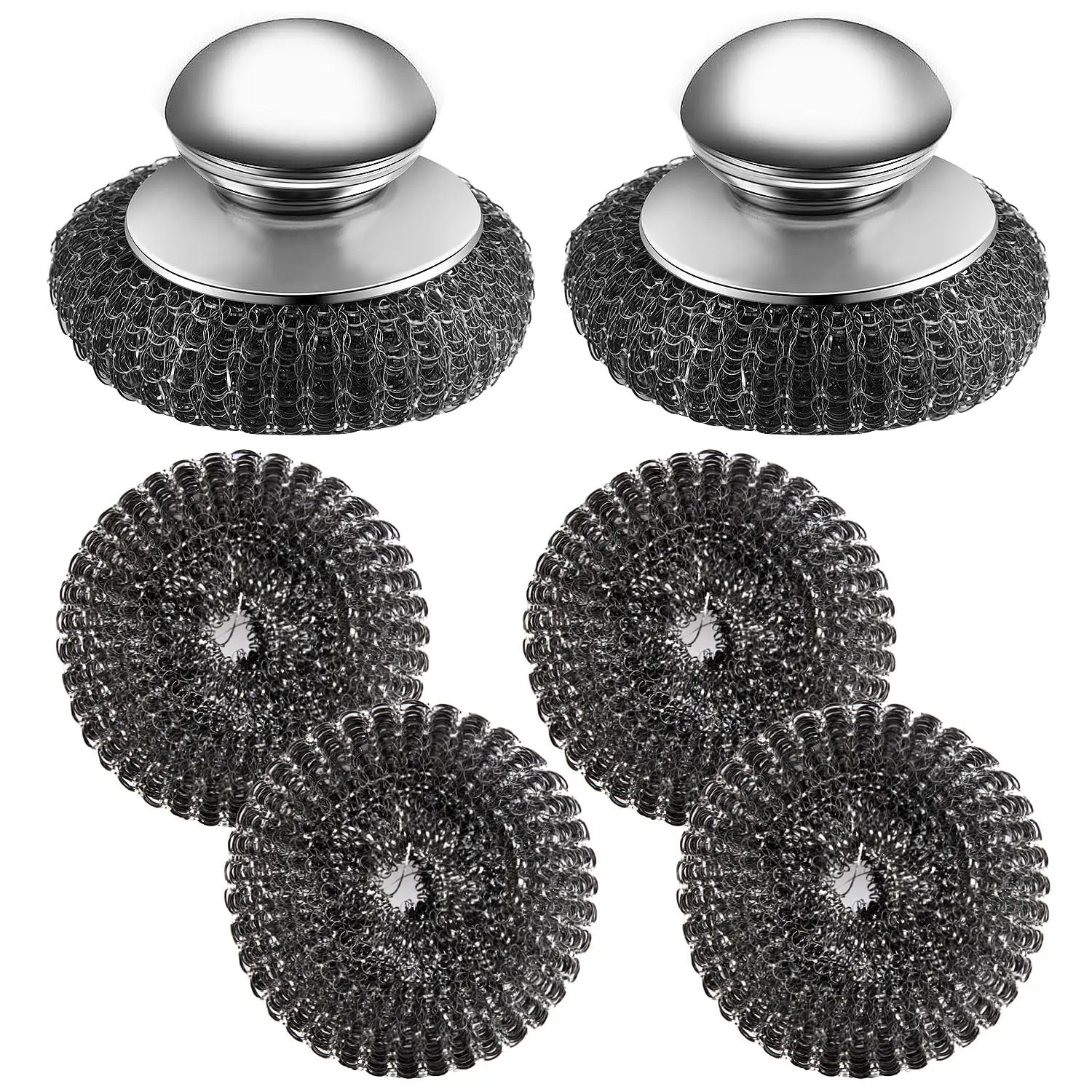 Steel Wool Scrubber Set with Handle and Four Refill Pads for Cast Iron Dishes Pots Pans Grills Stoves Sink