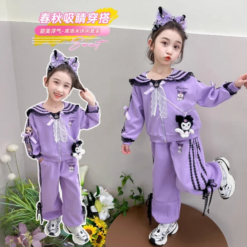 

Комплект спортивного костюма Sanrio Kuromi, детская весенне-осенняя стильная одежда для девочек, детская одежда из двух предметов в стиле каваи, стильная детская одежда