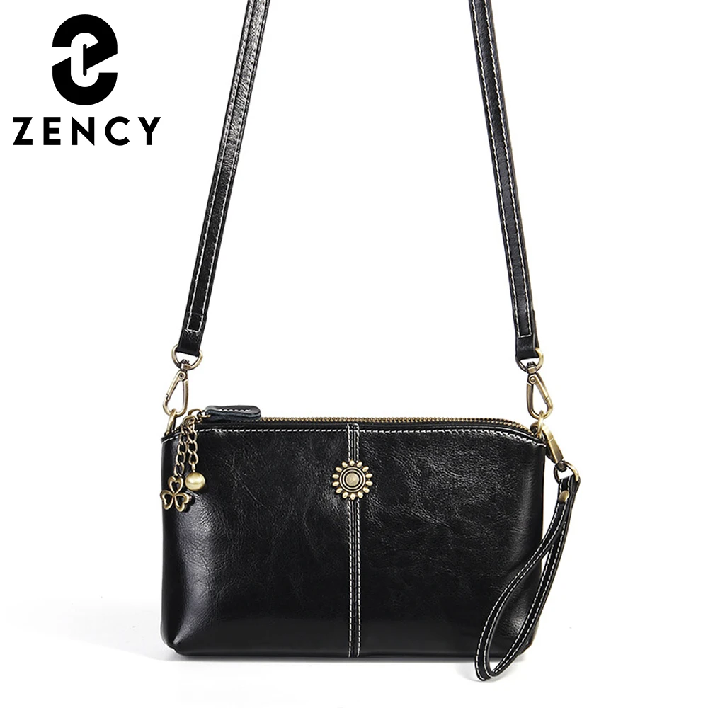 Zency 100% Skórzana Torebka Damska w Stylu Retro, Listonoszka, Kopertówka, Modna Torba na Ramię, Czarna Brązowa Torebka