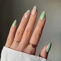 24Pcs Simple Green French False Nails Short Almond Fake Nails with Wave Line Design Wearable Round Head Press on Nail Tips