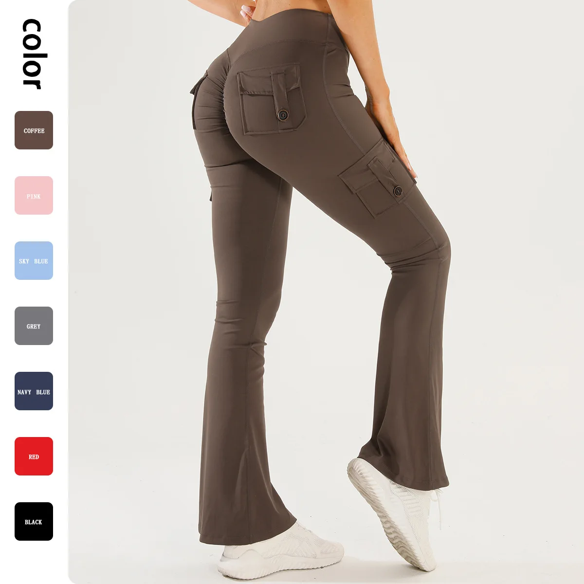 High Waist Bell Bottom Yoga Pants Women's Tummy Control Fitness Leggings with Pockets Hip Lifting Workwear Sports