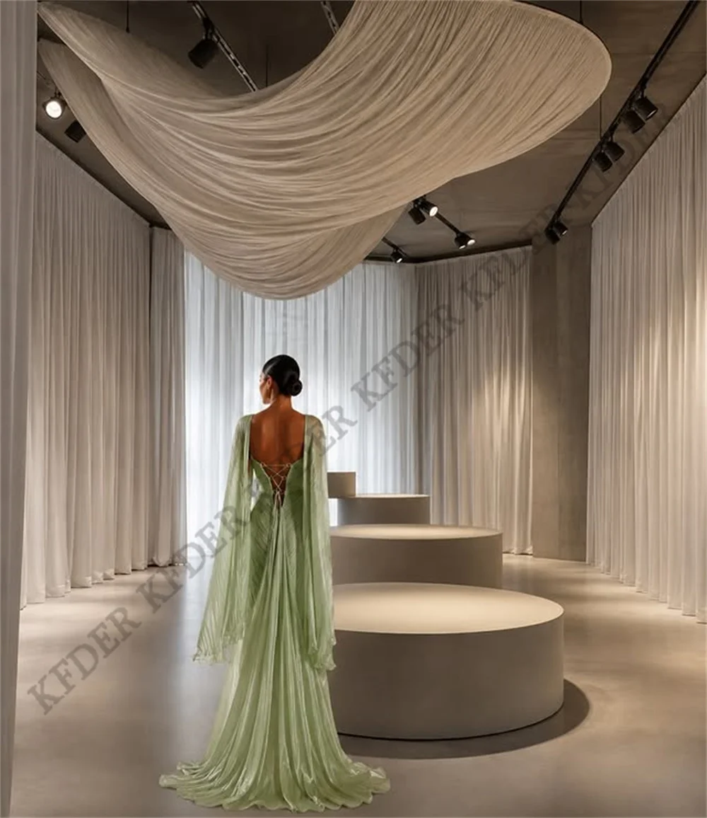 Elegant Sage Green Mermaid Prom Dresses Pleated Cut-out Flare Sleeve Maxi Evening Dresses vestidos de fiesta Customized view 3