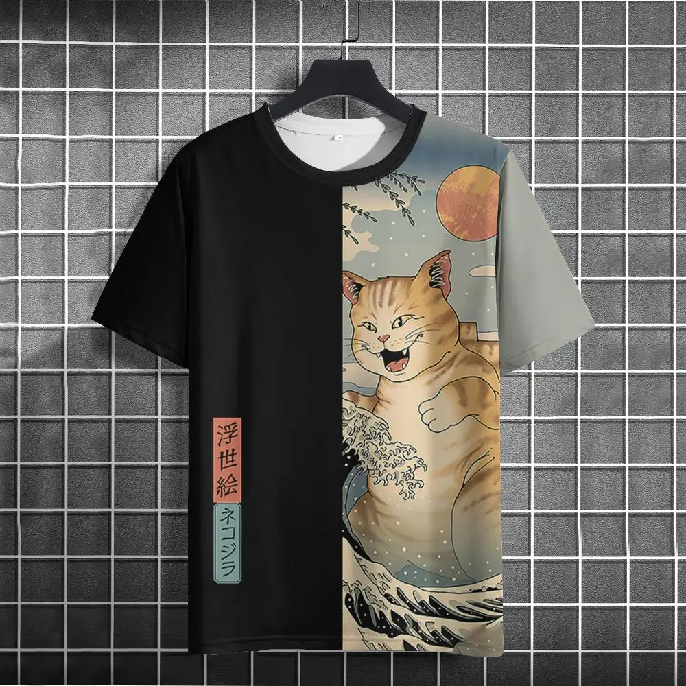 Cartoon Cat Japanese Samurai Cat T Shirt Men Street Animal 3d Print Short Sleeves Anime Men\'s T Shirt Oversized Casual Top Tee