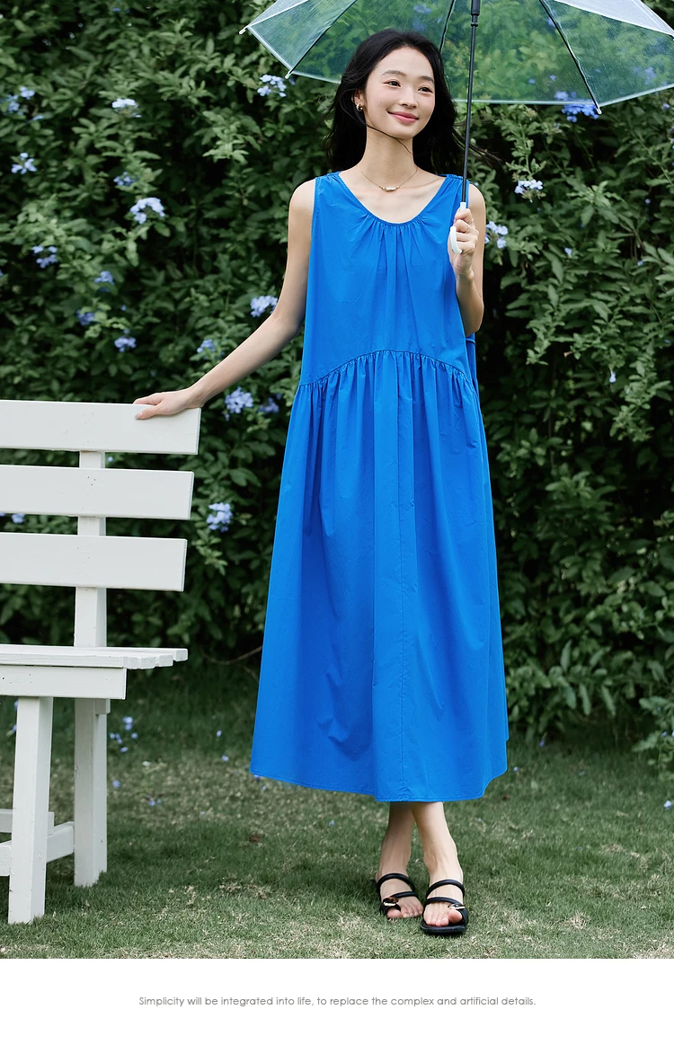 

VIMLY Fashion 100% Cotton Sleeveless Summer Dress Women 2025 Folded Tied Waist Loose Long Dresses Vacation Woman Clothing A1221
