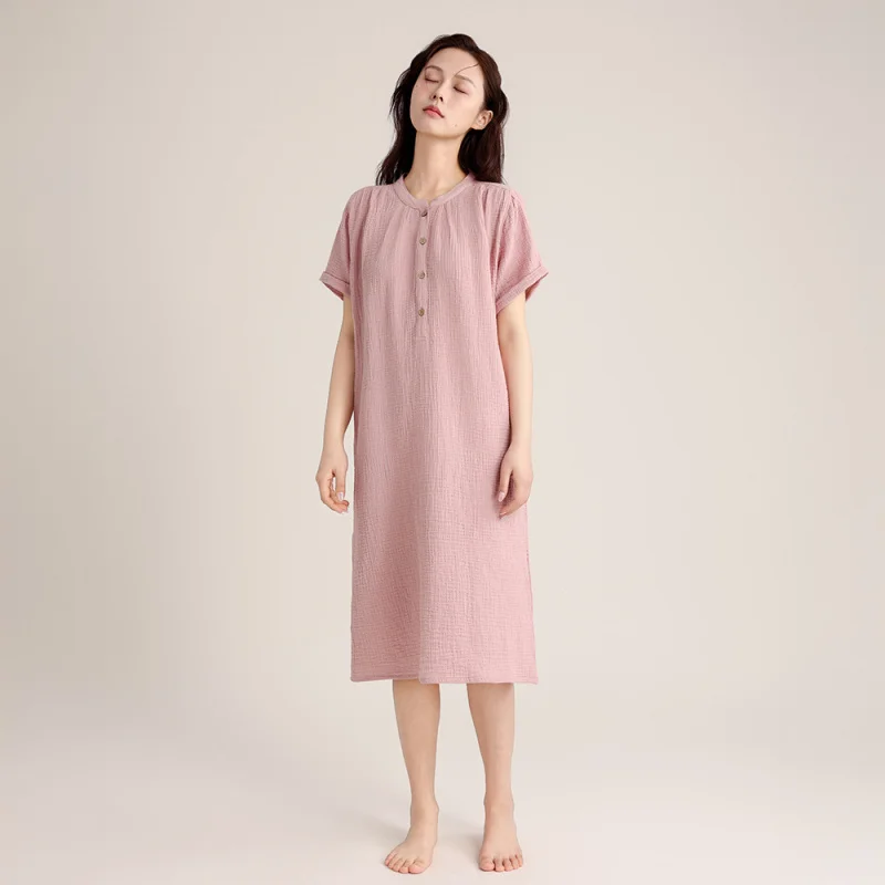 Spring/Summer Short-Sleeve Nightgown, Double-Layer Crepe Pullover, Simple Long Dress Women, Cotton Homewear