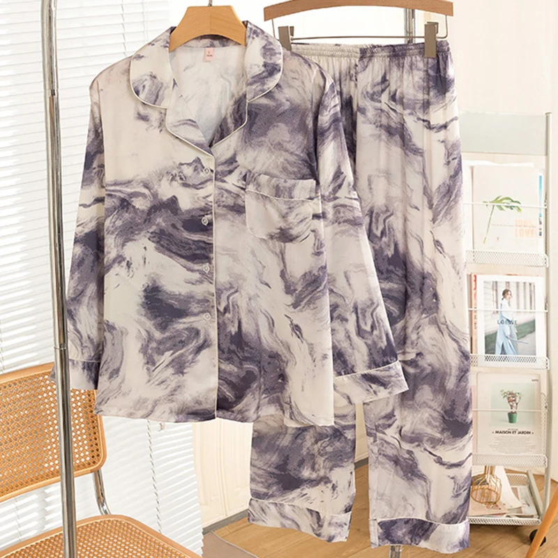 Printed Satin Sleepwear Pijamas Suit Women Pajamas Set Fashion Lounge Wear Spring Autumn Trouser Nightwear Loose Casual Homewear