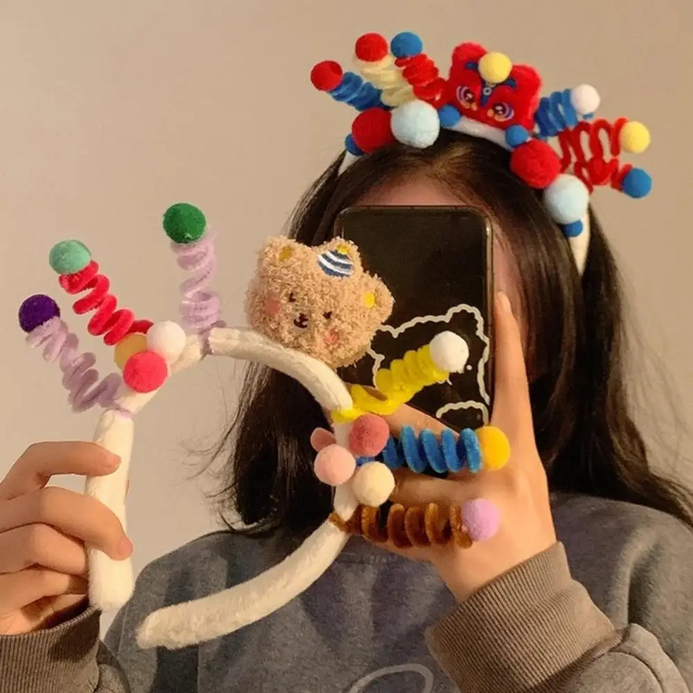 Fun Festival Hair Accessory Cute Cartoon Headband Colorful Cartoon Bear Hairband with Plush Ball Twist Bar Anti-slip for Photo