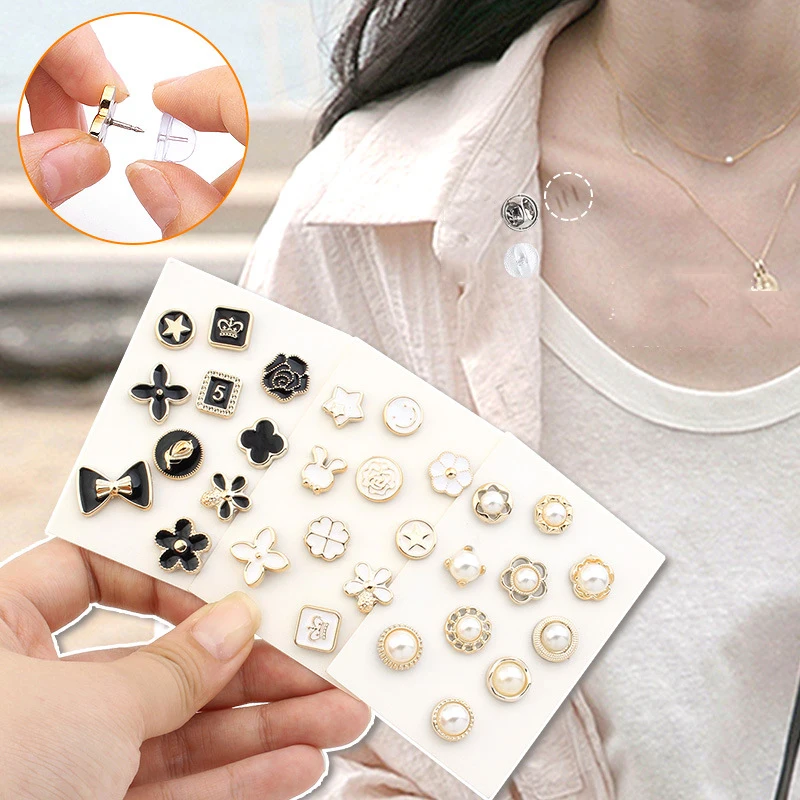 10/20 Free Sewing Pearl Rhinestone Button Brooch Prevent Accidental Exposure Buttons Brooches Pins Badge Cufflinks Shirt Button