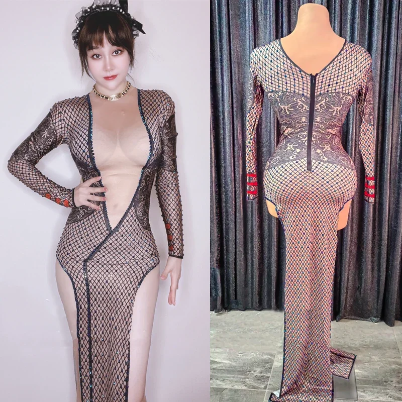 

Fake Leaky Black Printed Cheongsam Dress Nightclub Party Dj Ds Women Dancer Costume Evening Dress Pole Dance Outfit XS5161