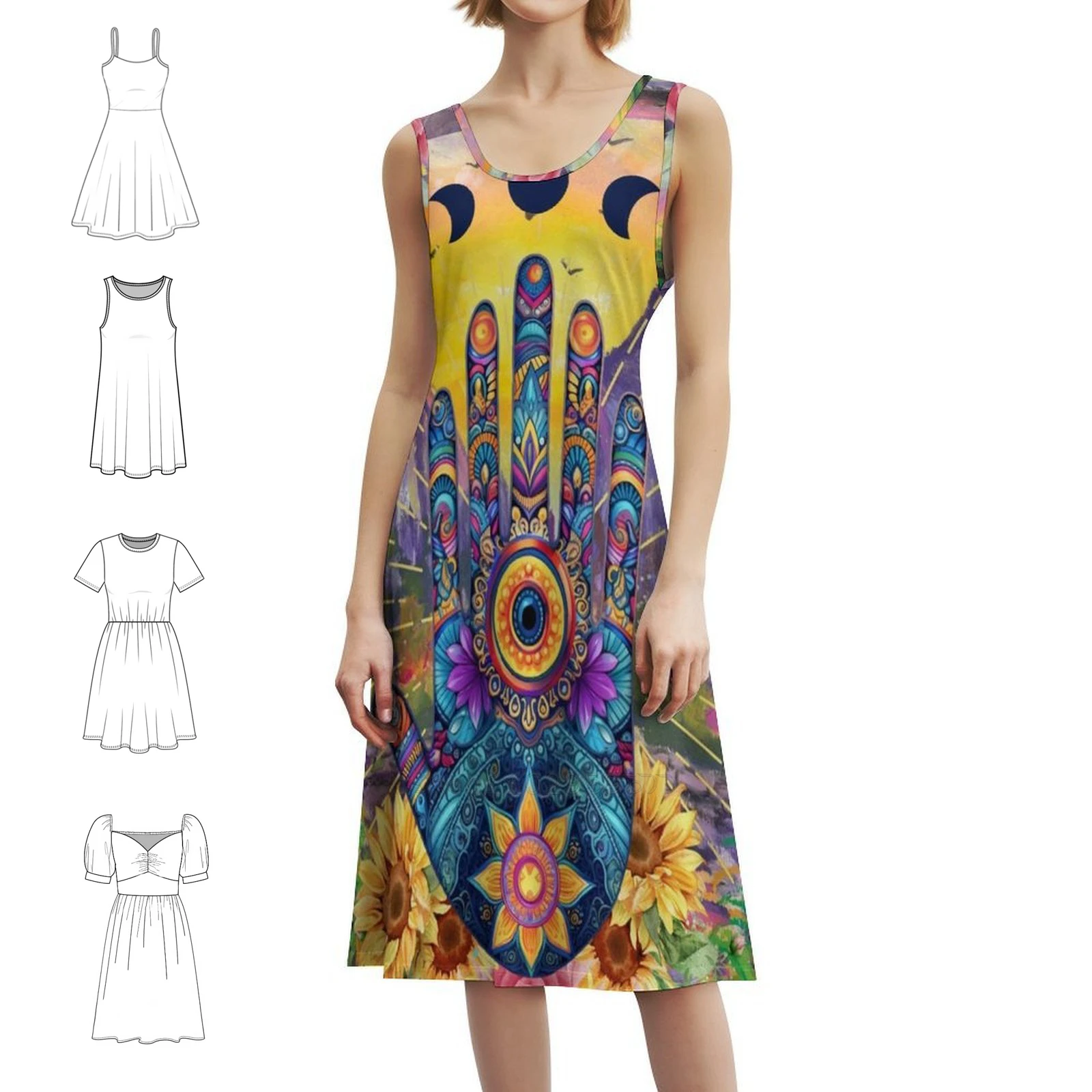 Hamsa Hand Of Peace Hand Of Fatima Bohemian Sleeveless Dress Multi-Print Beach Vacation Party Dress Hamsa Hand Hamsa Hand Of