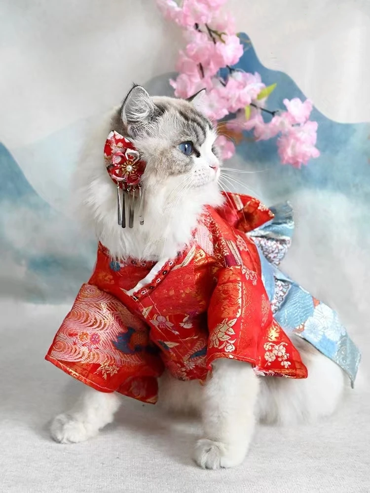 Japanese Style Thin Cat Dog Coat Kimono Summer Pet Clothes for Cats Dogs Cute Print with Bow-knot Kitten Sphynx Clothing Outfit