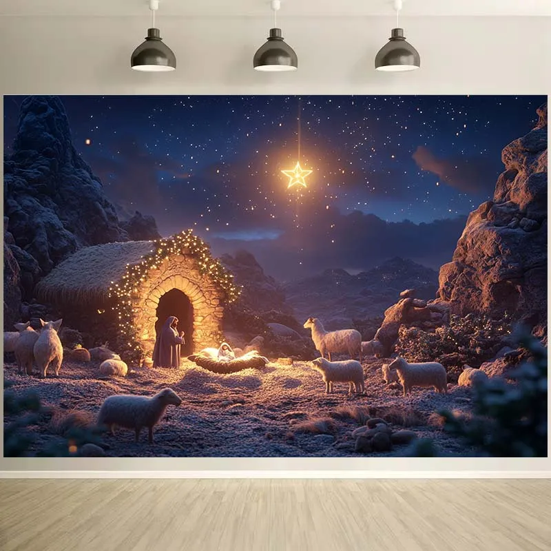 1pc Large Horizontal Christmas Nativity Tapestry - Starry Night Manger Scene Wall Hanging, Soft Wrinkle-Resistant Fabric with Na