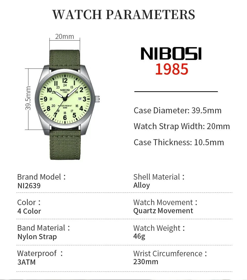 NIBOSI Luxury Man Wristwatch Waterproof Luminous Amy Sports Nylon Band Date Men Watches Quartz Men\'s Watch Male Reloj Hombre