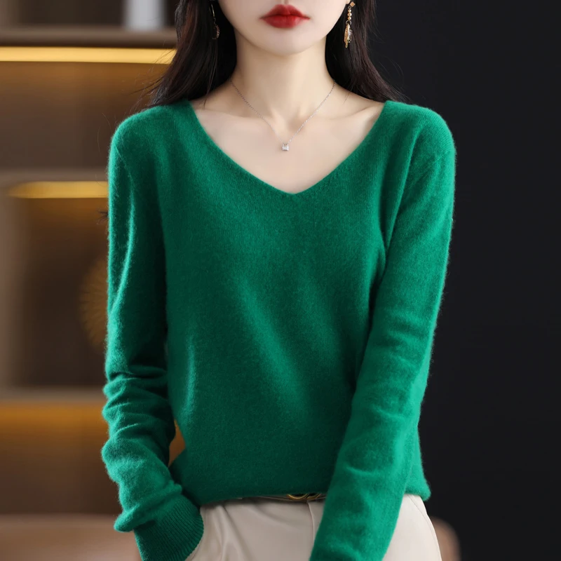 Fall/winter new 100% pure wool cashmere sweater women\'s V-neck solid color pullover casual knitted coat fall/winter women\'s coat