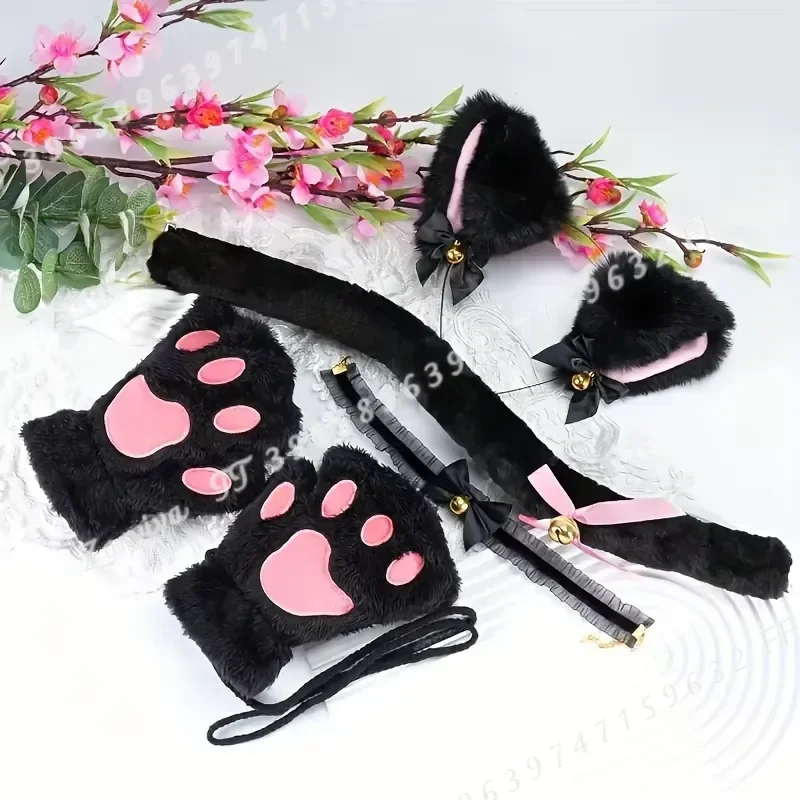 5Pcs Set Cat Paw Gloves Winter Cute Cartoon Girl Open Finger Gloves with Bell Headband Fox Cat Ear Headwear