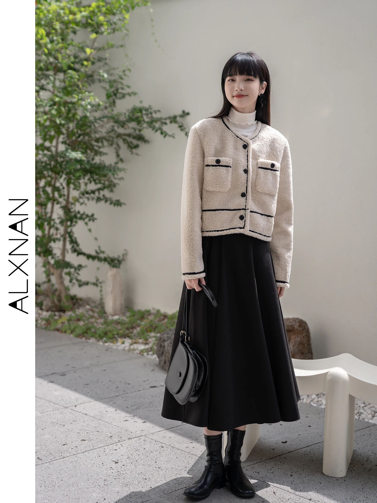 ALXNAN Women's French Vintage Skirts Solid Black High Waist Slimming Commuter Midi Skirt 2024 Fall Winter Lady Clothing LXN15085