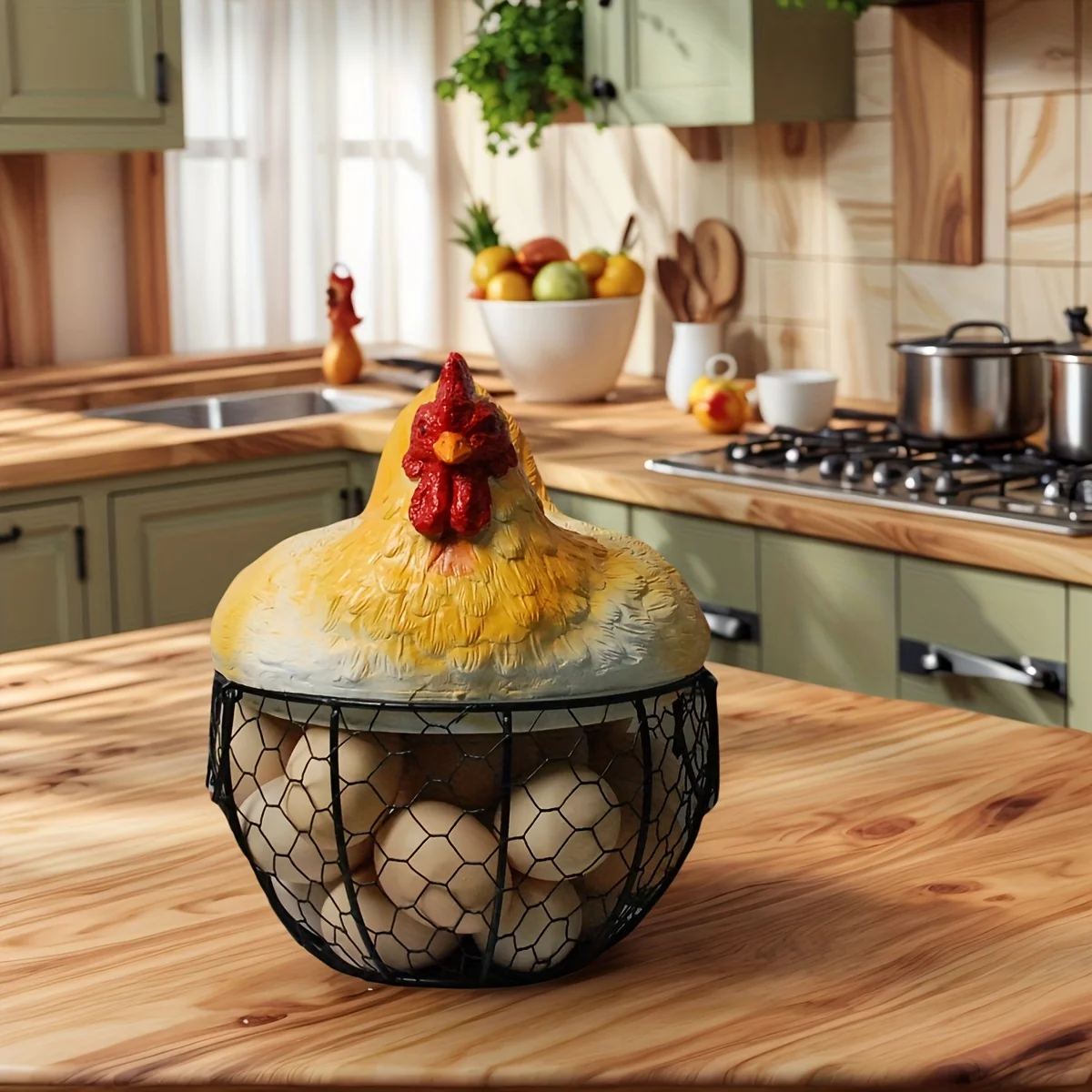 

Creative Hen Storage Basket Iron Home Kitchen Fruit Snack Egg Holder Decor