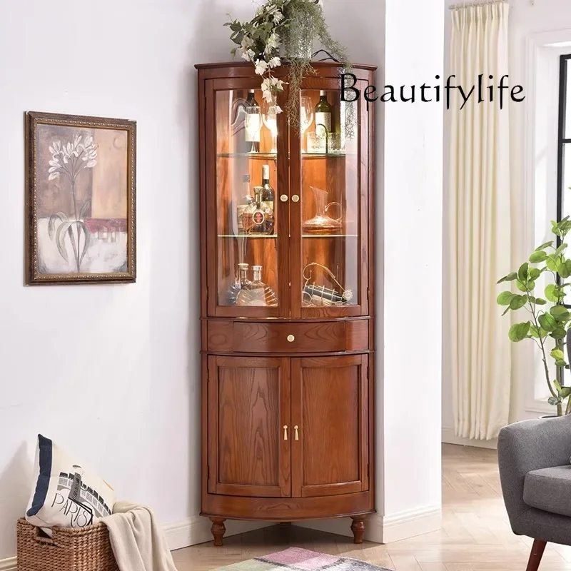 American Solid Wood Corner Cabinet Living Room  Multi-Functional Cabinet Ash Wood Wall Corner Wine Cabinet