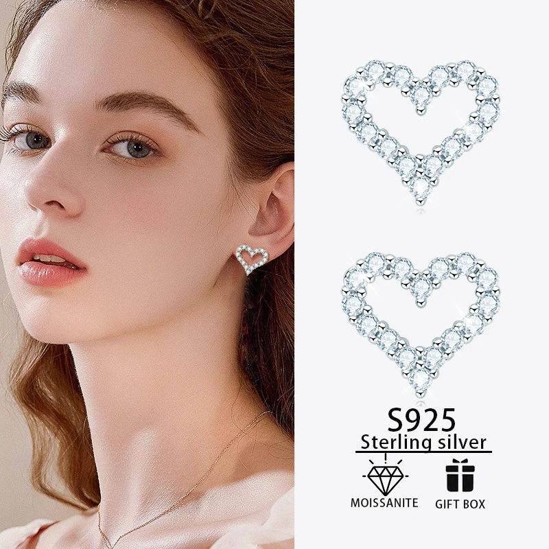 

Classic Heart Stud Earrings 2MM Moissanite Diamond S925 Sterling Silver Rhodium Plated Earrings High Quality Wedding Jewelr