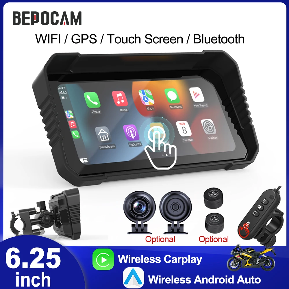 BEPOCAM 6.25" Przenośny rejestrator motocyklowy z dotykowym wyświetlaczem Nawigacja GPS IPX7 Wodoodporny Bezprzewodowy CarPlay Android Auto Pilot zdalnego sterowania
