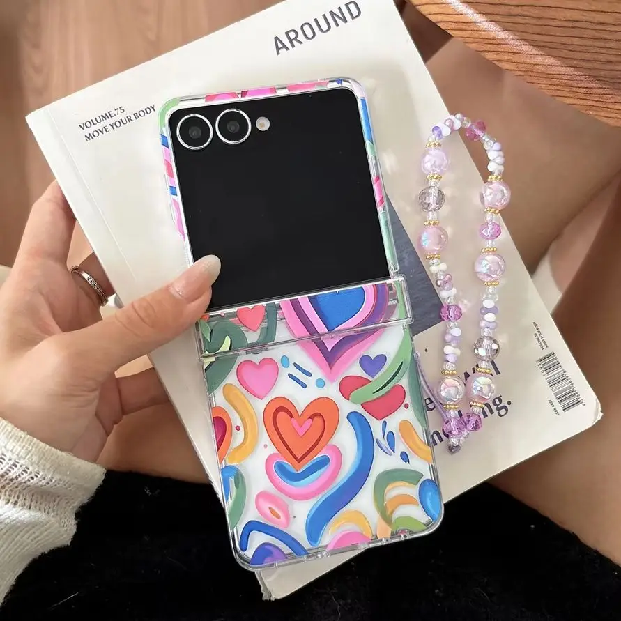 Y2K Bold Vibrant Abstract Love Heart Printed Clear Phone Case for Samsung Galaxy Z Flip 7-3 Crystal Bead Strap Protective Cover