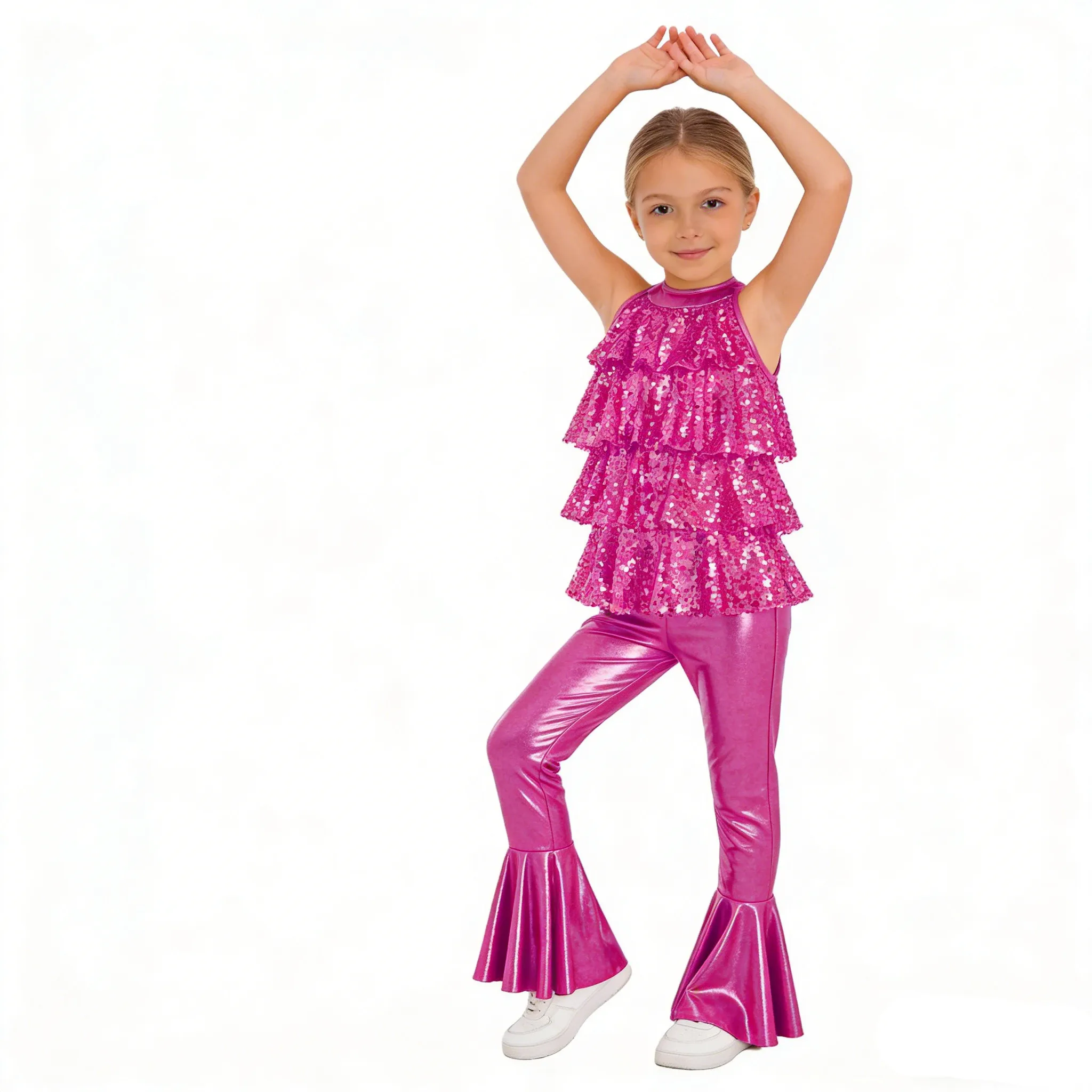 

Kids Girls Jazz Dance Stage Performance Jumpsuit Tiered Ruffles Sequin Halter Backless Sleeveless Bell-Bottom Bodysuit Dancewear