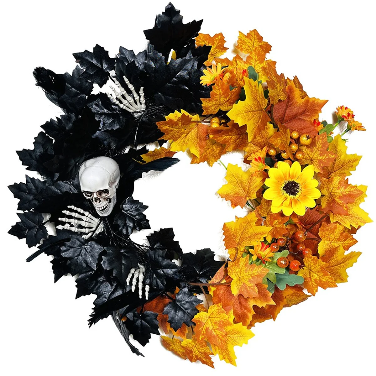 Halloween Wreaths for Front Door Skull Halloween Wreath with Blacklight Bats and Maple Leaves Halloween Decorations