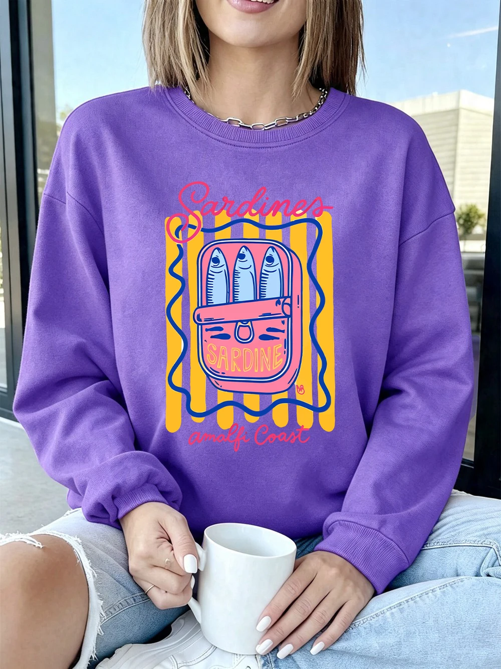 Sardines Amalfi Coast Prints Sweatshirts für Damen, Fleece, warm, bequem, Kapuzenpullover, Rundhalsausschnitt, lockere Oberteile, Winter, lässige Damenkleidung – Detail 16