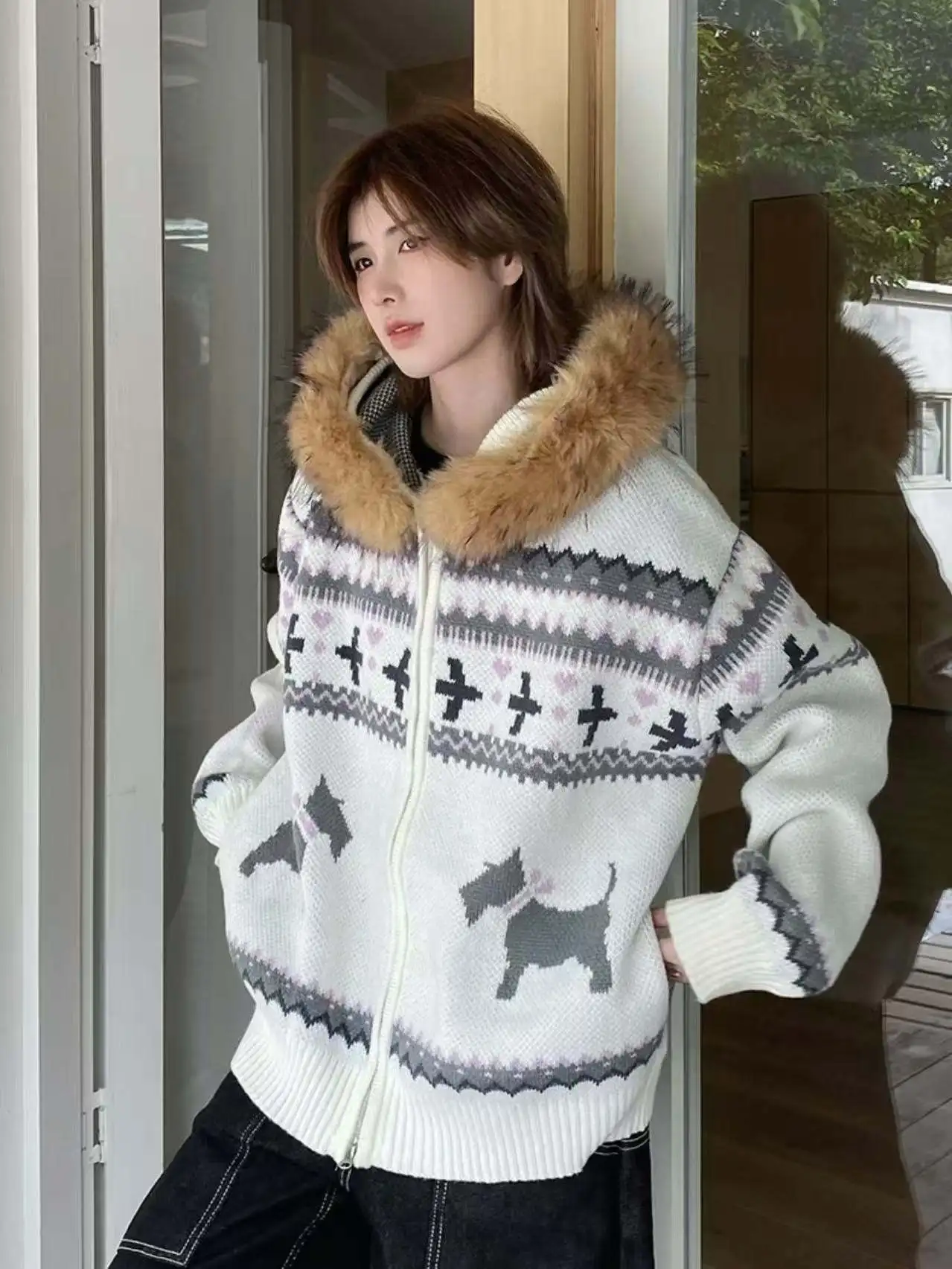 

Американский ретро-свитер с узором Fair Isle, утепленный, пушистый, мужской, зимний, повседневный, с животным принтом, в стиле пальто