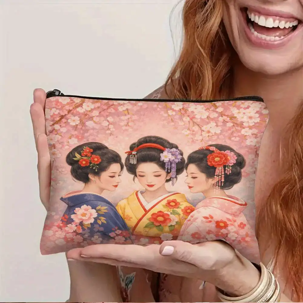1pc Japanese Geisha Kimono Sakura Printed Washbag, Makeup Bag, Cosmetic Bag with Durable Faderesistant Zipper Storage Bag
