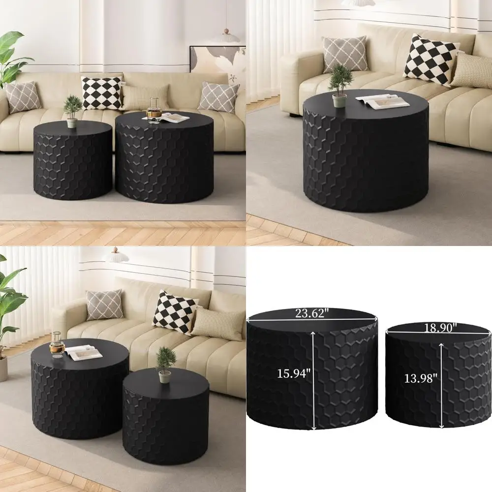 

Modern Circle Drum Coffee Table Set of 2, Black Wood Nesting Tables for Living Room, Suitable as Side and End Tables