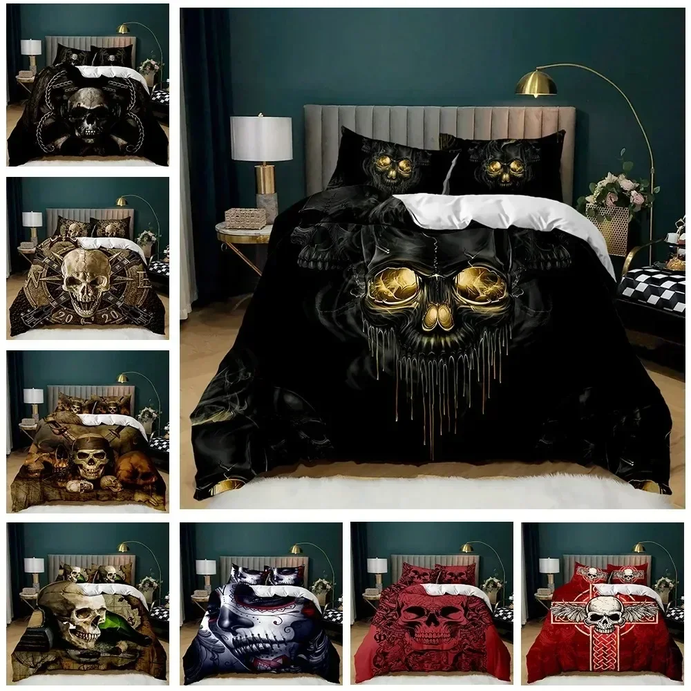 Skull Duvet Cover Set, Abstract Texture with Skull and Crossbones Pattern Aged Rusty Grunge Style 3D Polyester Bedding Set