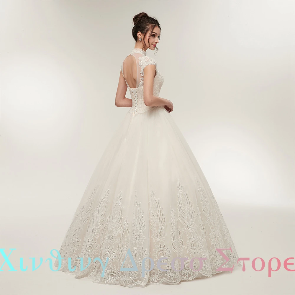 A-Line High Collar Cap Sleeve Tulle Exquisite Appliques Lace Lace Up Back  Wedding Dresses Sleeveless  Floor Length Custom Size