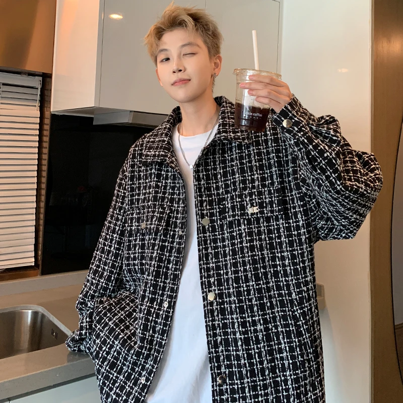 Tweed Jacket Men coat 2025 Autumn new Checkered Lapel Collar Single Breasted Coat Fashion Slim Fit Trendy Youth Outerwear Blazer