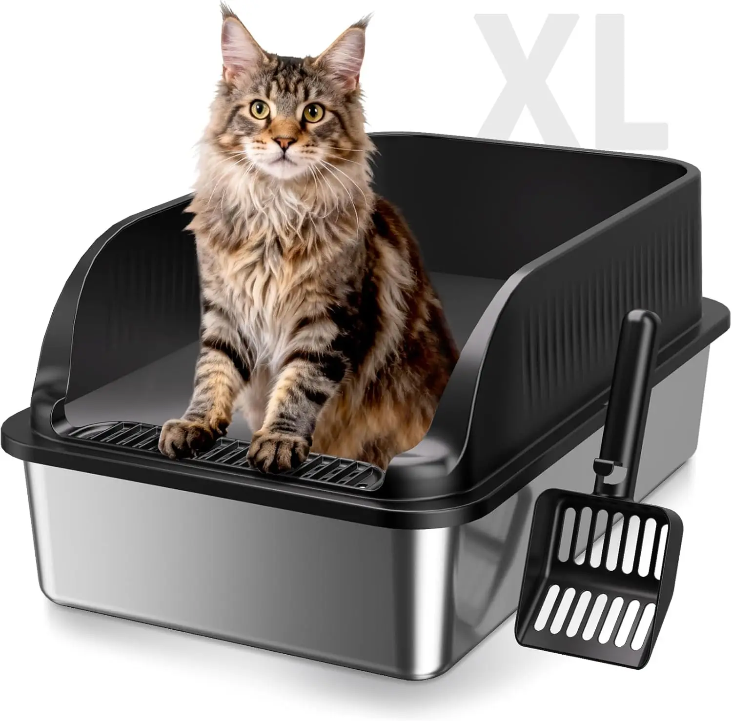 

Stainless Steel Cat Litter Box, Extra Large XL Odor Free Metal Litter Box with High Sides Lid, Open Top Litter Pan Inclu
