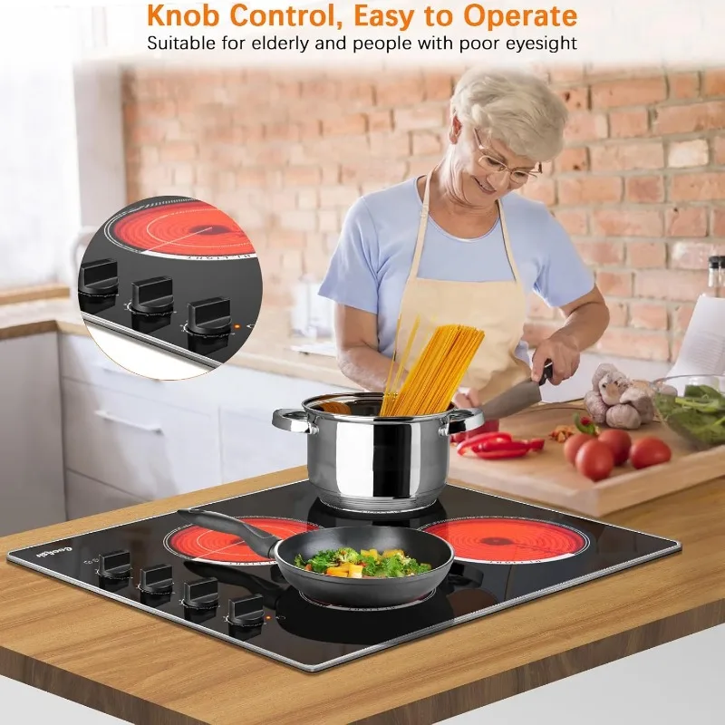 Electric Cooktop 30 Inch, 7400W Built-in Electric Stove Top 4 Burner, 220-240V Ceramic Hob with Glass Protection Metal Frame