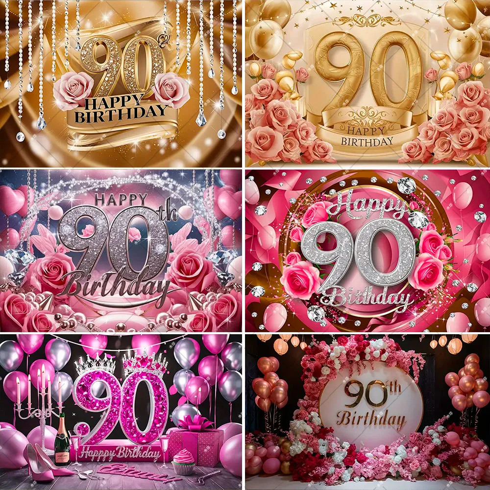 

90th Birthday Theme Balloons Garland Rose Women Pink Black Gold Happy 90th Birthday Party Decor Photography Backdrop Props