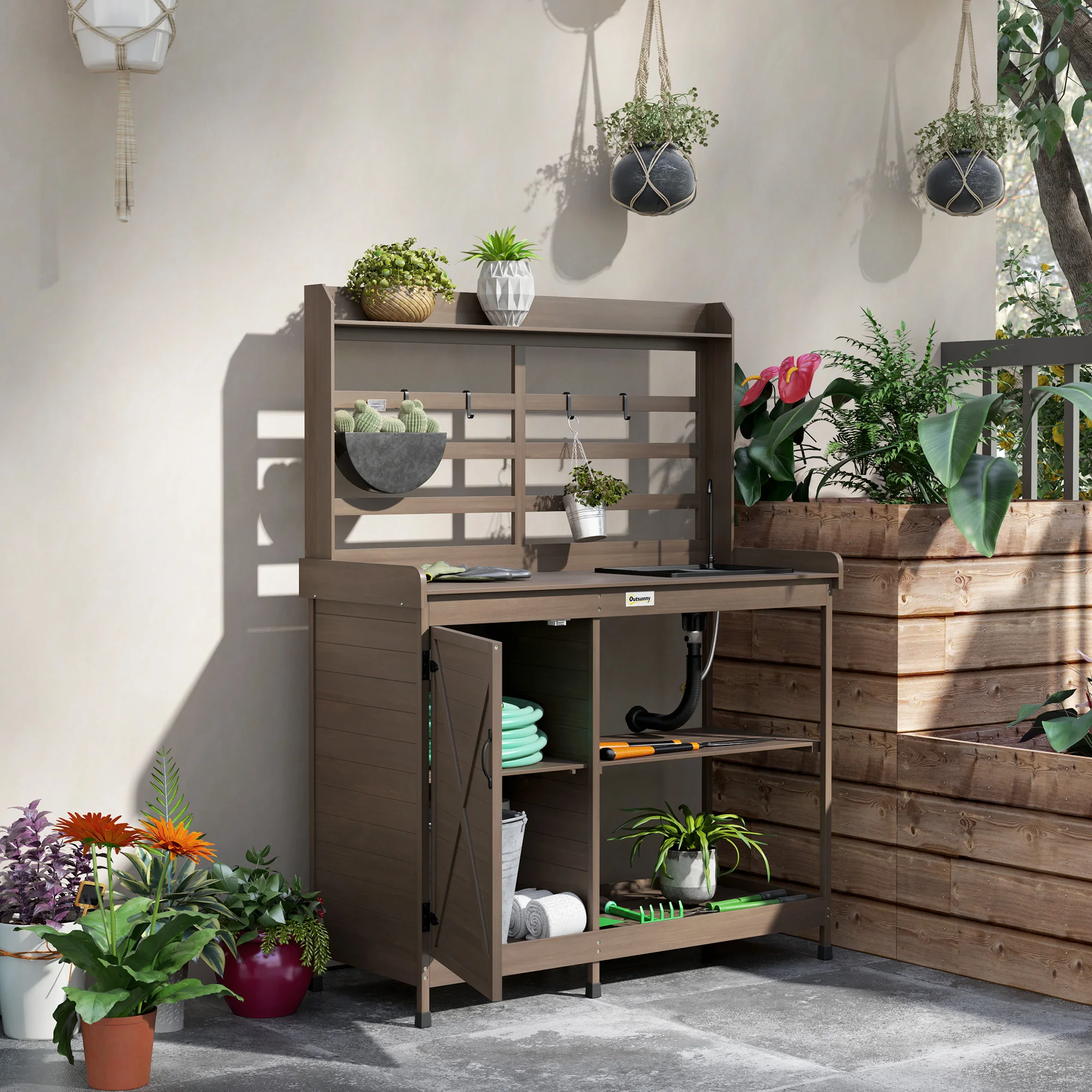 Wooden Potting Bench with Storage, Sink, Water Tap, Dark Brown