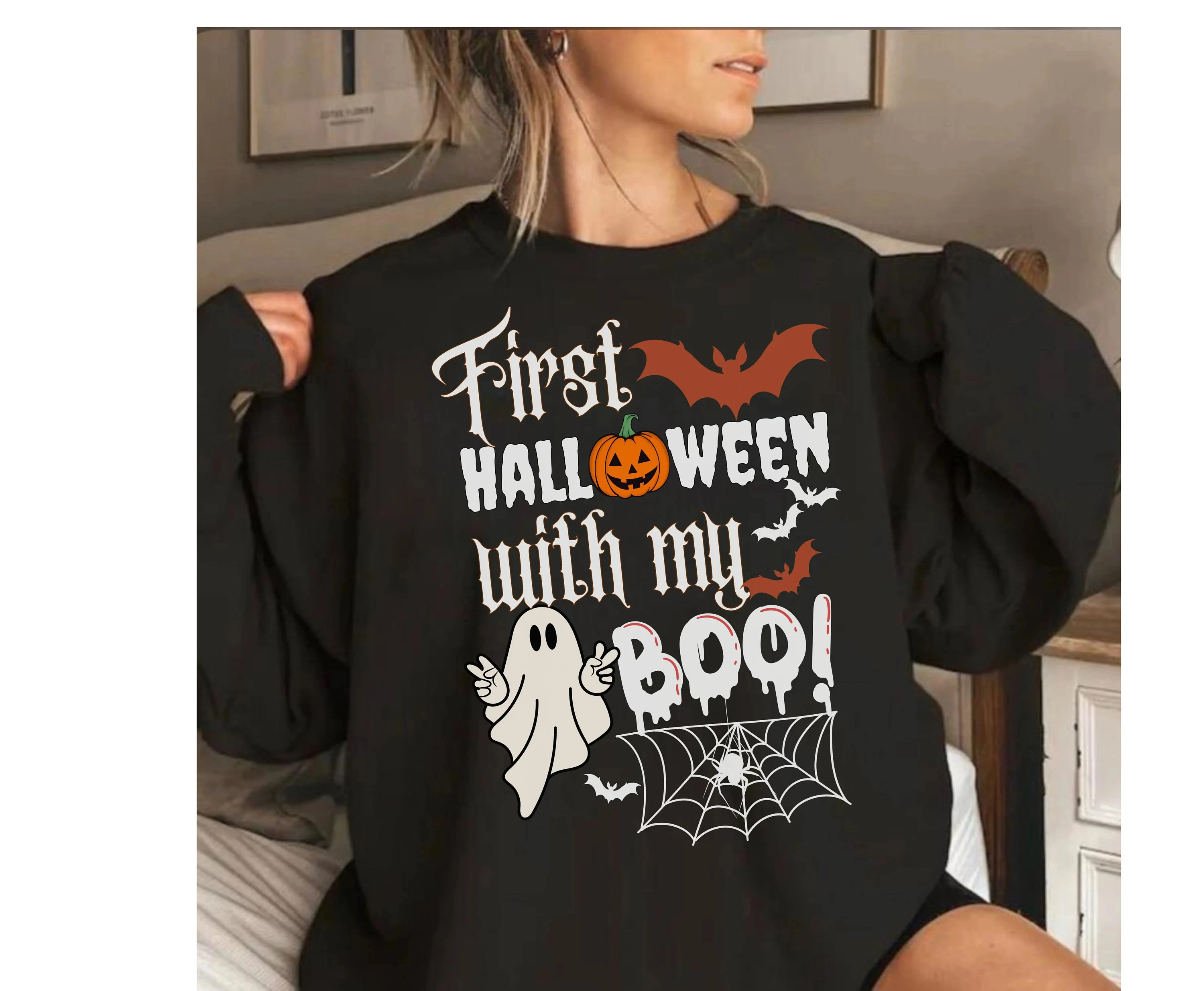 First Halloween with My Boo Funny Slogan Women Sweatshirt Cute Cartoon Ghost and Bat Print Female Halloween Holiday Comfort Tops