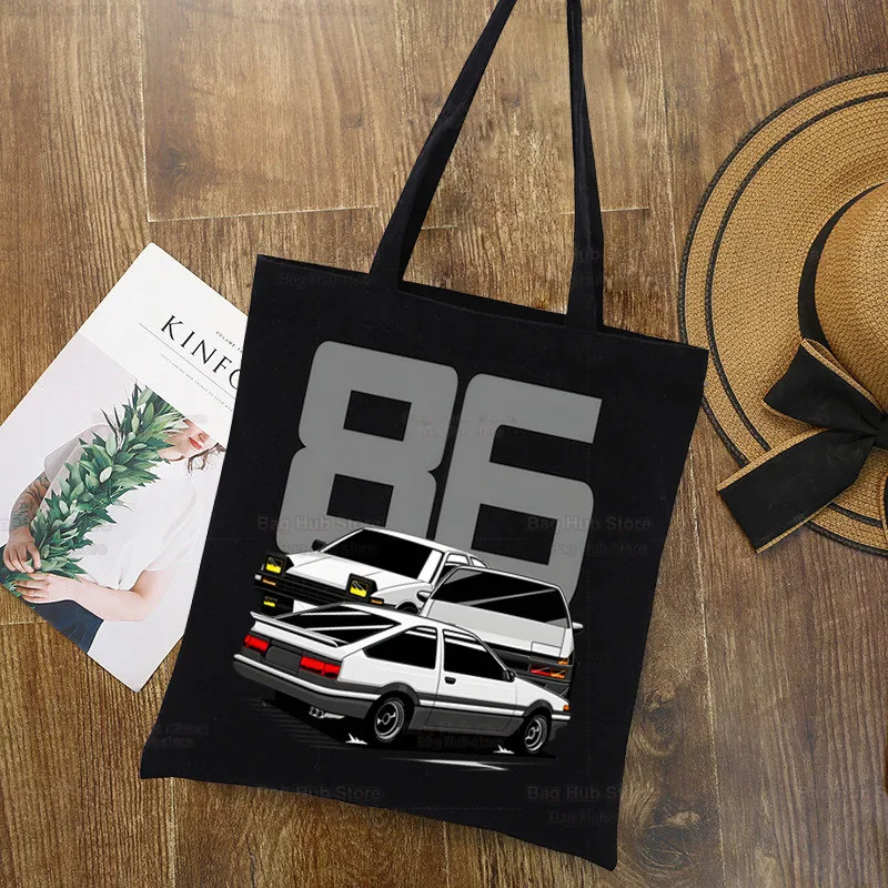 AE86 Japan Anime Black Graphic Printed Canvas Shoulder Bag Female Initial D Racing Drift Car JDM Harajuku Funny Eco Shopper Bag