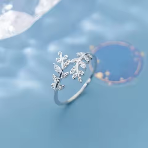 VENTFILLE 925 Sterling Silver small leaves micro-insert opening ring simple fashion sweet temperament leaf ornaments