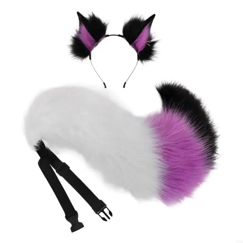 

Y3NE Wolf Foxes Cats Tail with Foxes Ears Headbands Halloween Christmas Cosplay Party Costume Toy for Woman Man Foxes Costume