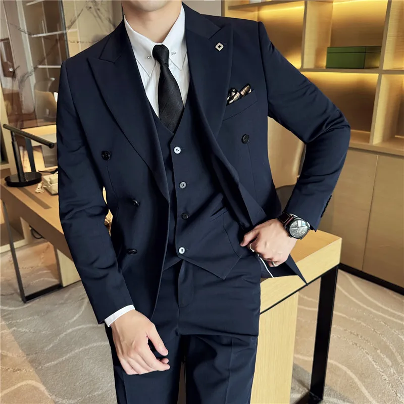 Men's 3 Piece Suit Set Double‑Breasted Solid Color Slim Fit Business Casual Wedding Banquet Jacket Vest Pants Male Formal Outfit